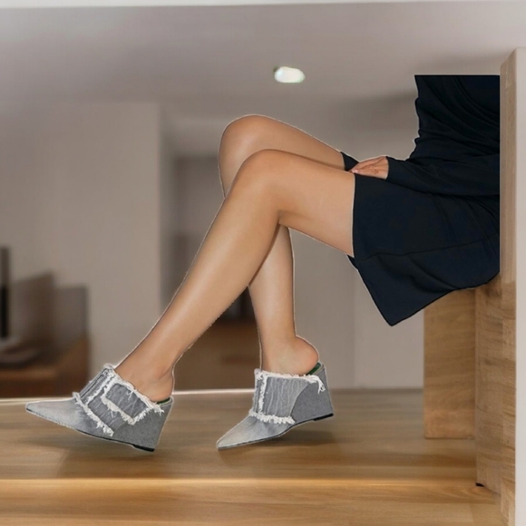 Reitoye Women's Slide Wedge Denim Close Pointed Toe Heels Sandals, 9 - Picture 6 of 16